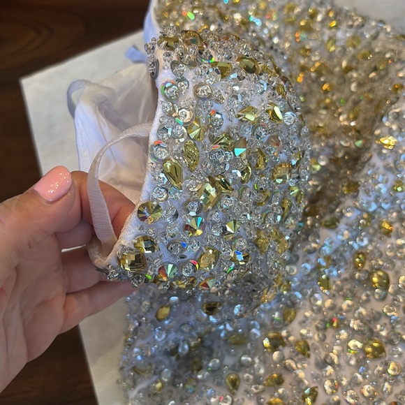 Sherri Hill Satin Spaghetti Straps Zipper back Built-in Bra Embellished Dress - Picture 10 of 13